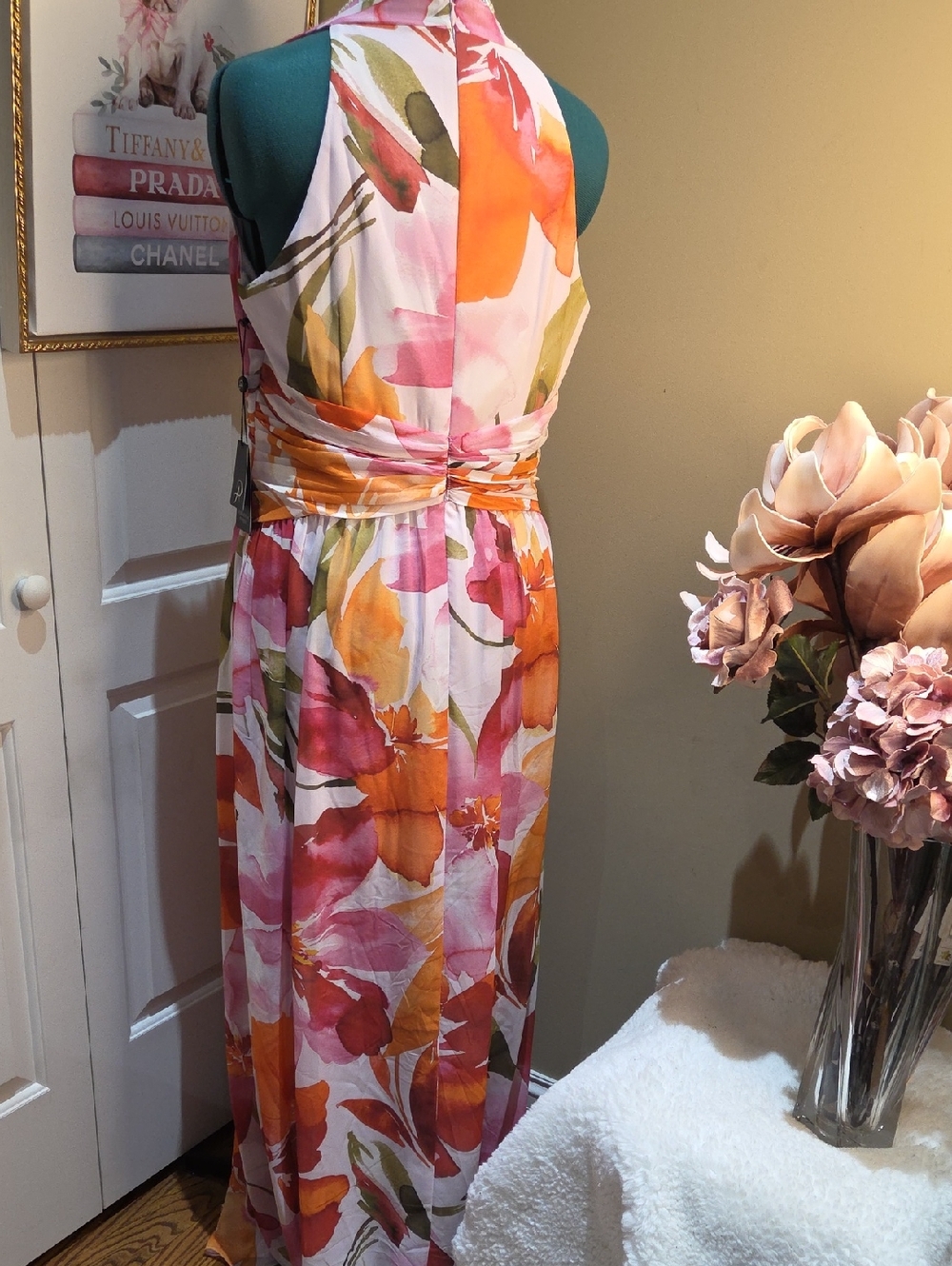 Nwt 14 $ 199 Adrianna Papell Pink & Orange Floral Halter Maxi Dress - Picture 7 of 17